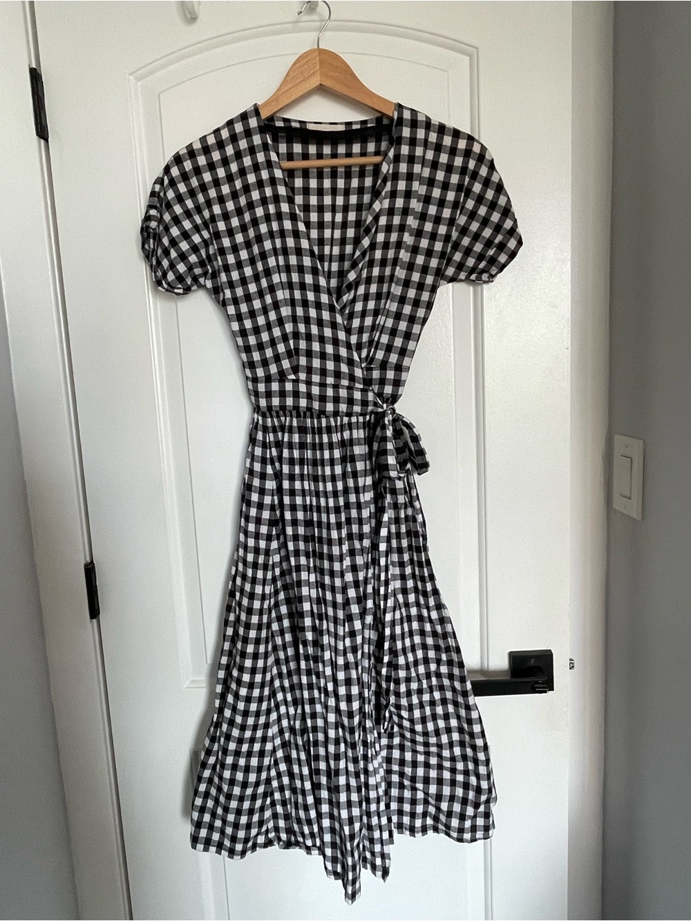 Sezane Marielle Midi Black & White Gingham Wrap Dress